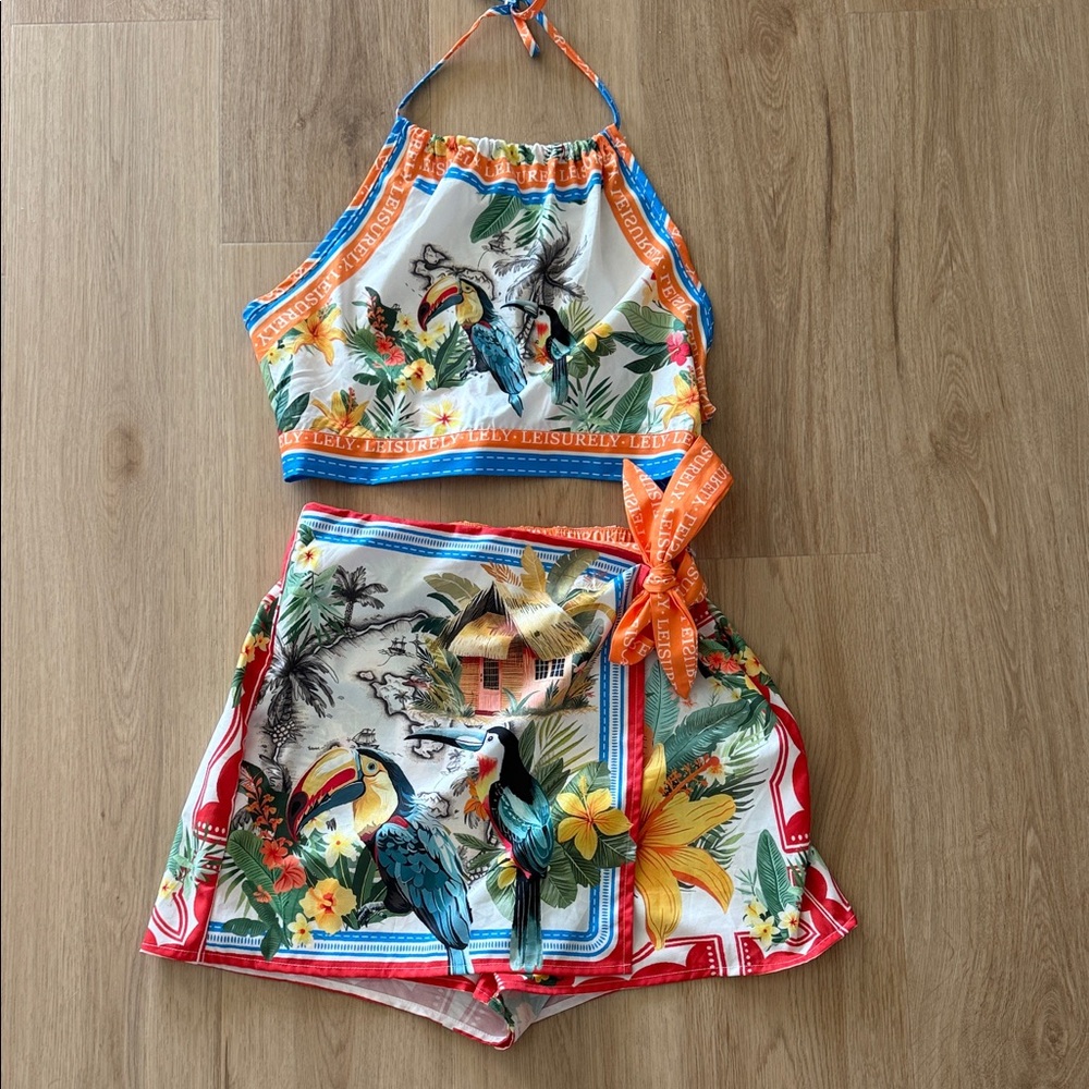 SHEIN Colorful Tropical Print Halter Top and Shorts